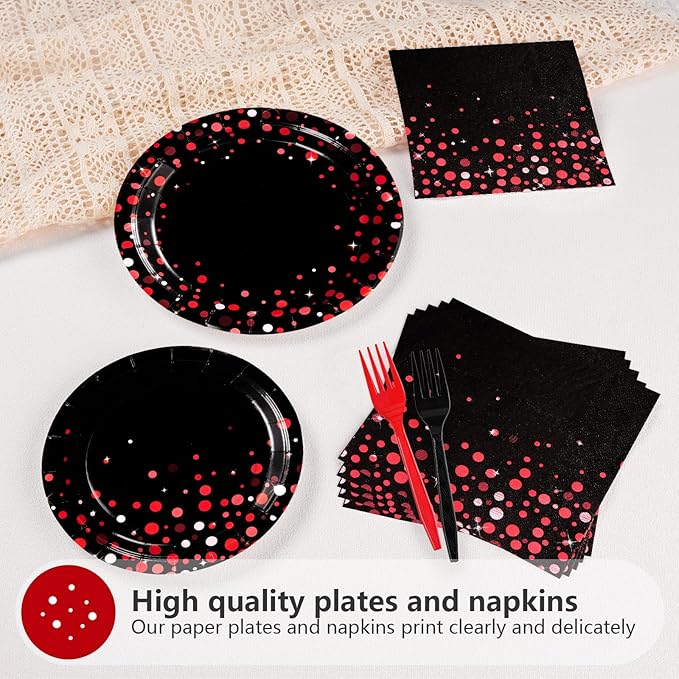 Grencian 200Pcs Black and Red Party Decorations Graduation Red Dot on Black Plates and Napkins Disposable Stranger Tableware Set for Congrats Grad Birthday Wedding Baby Shower Party Supplies Serves 50