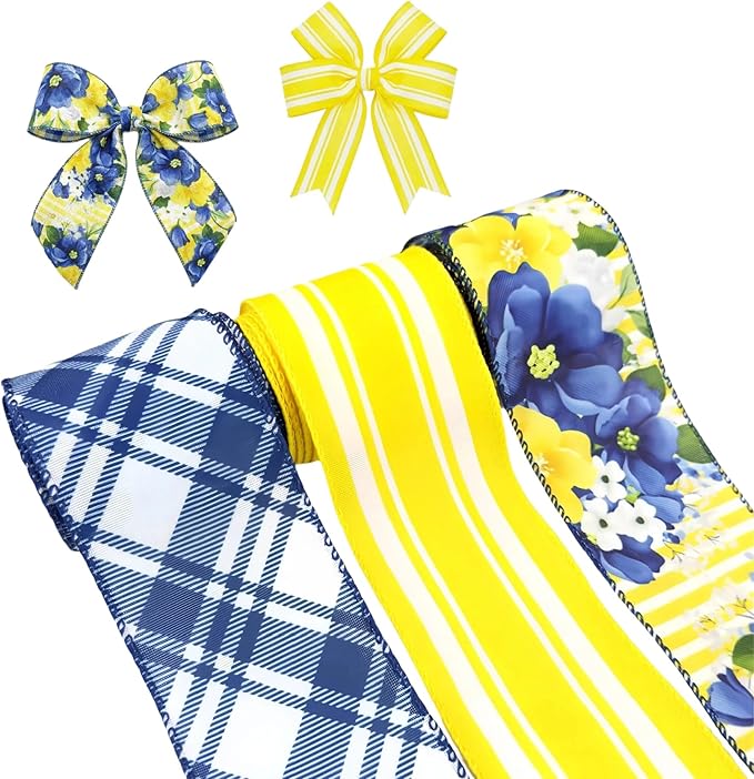 Spring Summer Blue Floral Wired Ribbon, Retro Yellow Blue Flower Ribbon for Bow Wreath Making DIY Gift Wrapping, Holiday Wedding Birthday Party Decorations, 3 Rolls, 2.5Inch,12 Yards (Blue)
