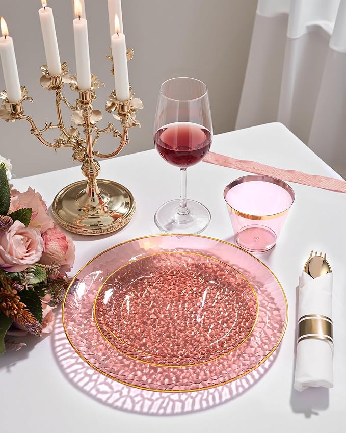 Hioasis 175PCS Clear Burgundy Plastic Plates - Hammered Disposable Dinnerware Set for Party Includes 25 Dinner Tableware, 25 Dessert Tableware,25 Cups,25 Rolled Napkin Cutlery for Mothers Day