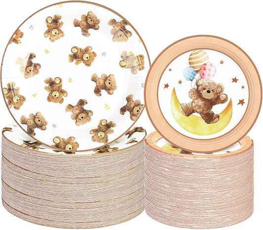 Chinco 100 Count Teddy Bear Party Decorations Bear Paper Plates Themed Birthday Party Supplies 9 Inch and 7 Inch Disposable Dinnerware for We Can Bearly Wait Baby Shower Beary First Birthday