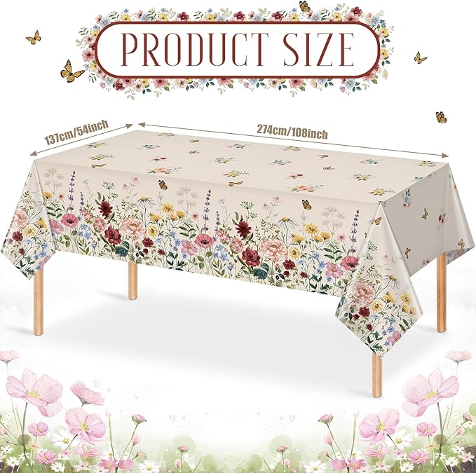 1 Pcs Spring Floral Tablecloth, Butterfly Wildflower Plastic Disposable Tablecloth Rectangle Table Covers for Easter, Birthday, Wedding, Mothers Day Tea Party Supplies and Decorations,54 x 108 Inch