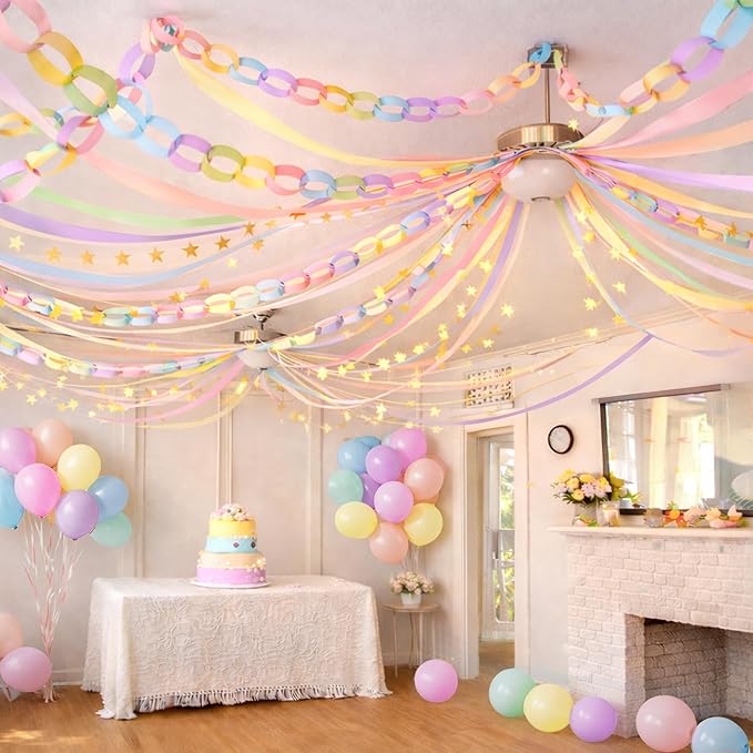 Gleebixi Pastel Birthday Party Decorations Kit with 492ft Crepe Paper Streamers, 300 Sheets Paper Chain Strips, 78.6ft Gold Star Garland and 30Pcs 12" Pastel Balloons for Hanging Decor