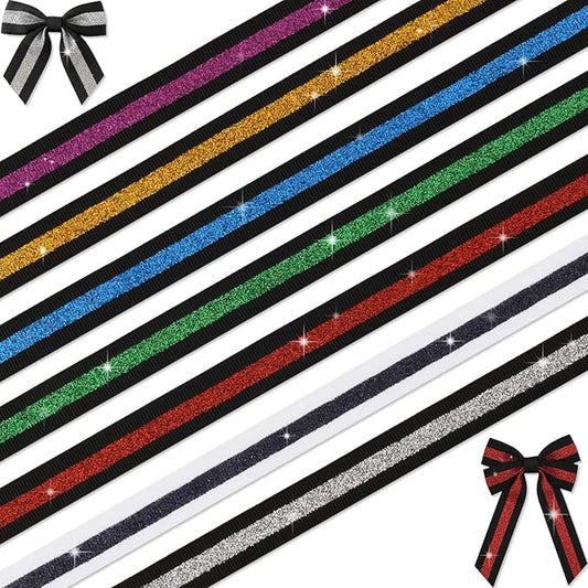 Black Gold Glitter Ribbon 5/8" Grosgrain 7 Pack 14 Yards Sparkle Stripe for Cheer Bows Homecoming Mums Gift Wrapping Crafts Party Hair Accessories Decoration