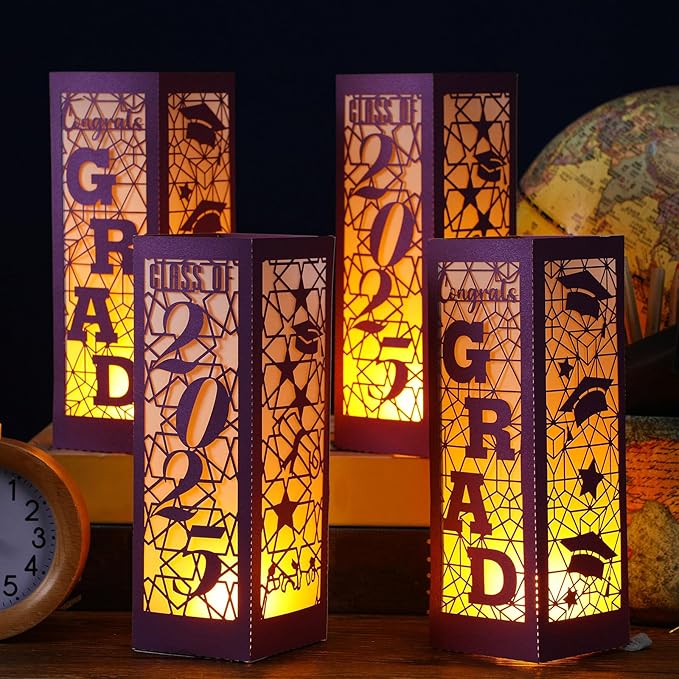 Rossesay 12 Pcs Graduation Table Centerpieces Boxes Class of 2026 Graduation Lanterns for Centerpieces with LED Candles Congrats Grad School College Photo Props for Party Table Decoration (Purple)