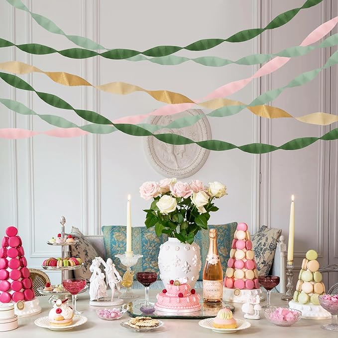 BEISHIDA 8 Rolls Green Gold and Pink Crepe Paper Streamers for Boho Theme Baby Shower Party Decorations Wedding Birthday DIY Craft Paper(1.8 Inch x 82 Ft/Roll)