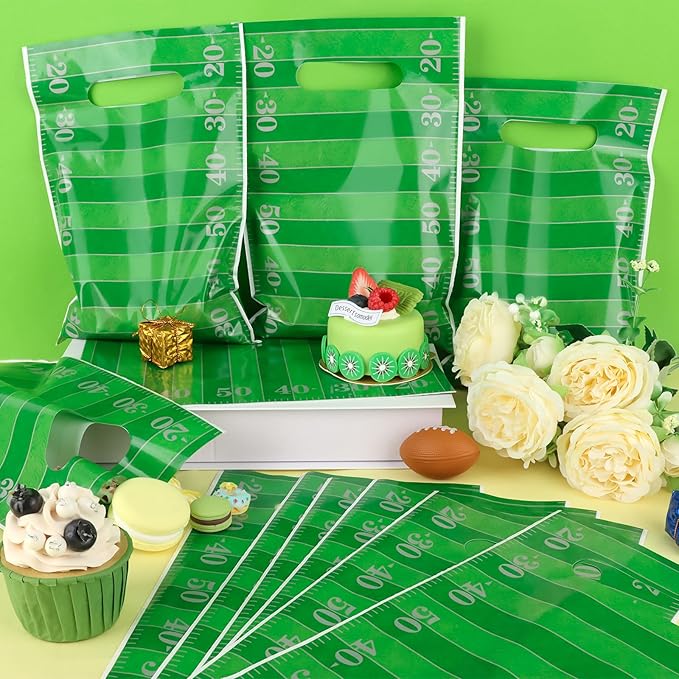Hxezoc 50 Pieces Football Gift Bags with Handle, Plastic Treat Candy Bag Sport Favor Bags with Gridiron For Kids Birthday Party Decoration Supplies