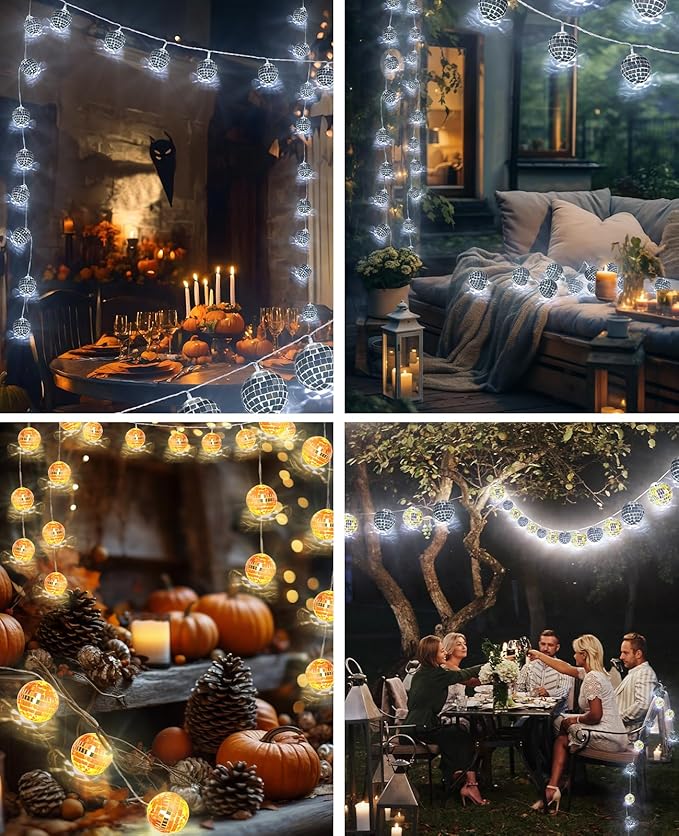 AceList 20 LED 9.8Ft Disco Ball String Light - Battery Powered and USB Plug, Black Disco Ball Light for Halloween Birthday Party Decorations Haunted House Decorations