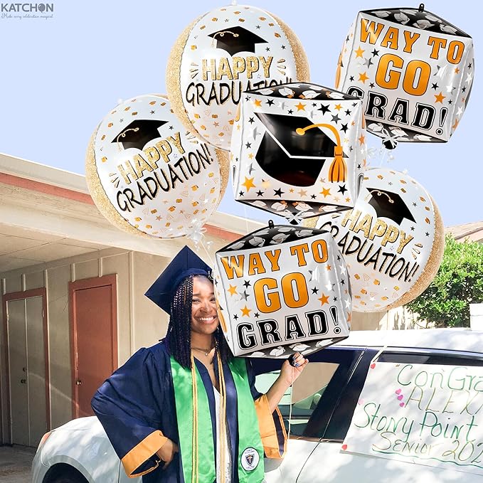 Graduation Decorations 2026 | Graduation Balloons - Pack of 6 | Black and Gold Mylar Foil Balloons for Grad Decorations Class of 2026 | Graduation Party Supplies with Graduation Cap Balloon, KatchOn