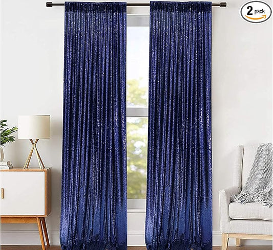 JYFLZQ Navy Blue Sequin Backdrop Curtains 2ft x 8ft 2 Panel Glitter Photo Booth Backdrops Sparkly Photography Background Drapes for Parties Wedding Bridal Showers
