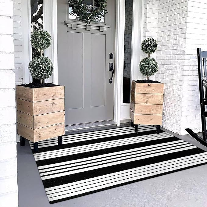 OJIA Black & White Outdoor Rug 3x5 Cotton Hand-Woven Striped Porch Rugs Machine Washable Entryway Rug Indoor Outdoor Area Rug Front Door Rug Floor Mat for Farmhouse/Living Room/Home Entrance