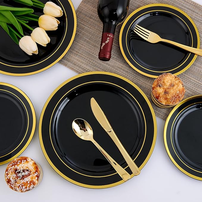 125 Count Halloween Dinner Plastic Plates Include 25 Disposable Dessert Plates & Gold Disposable Silverware, Dinnerware Set Providing for 25 Guests for Party, Wedding