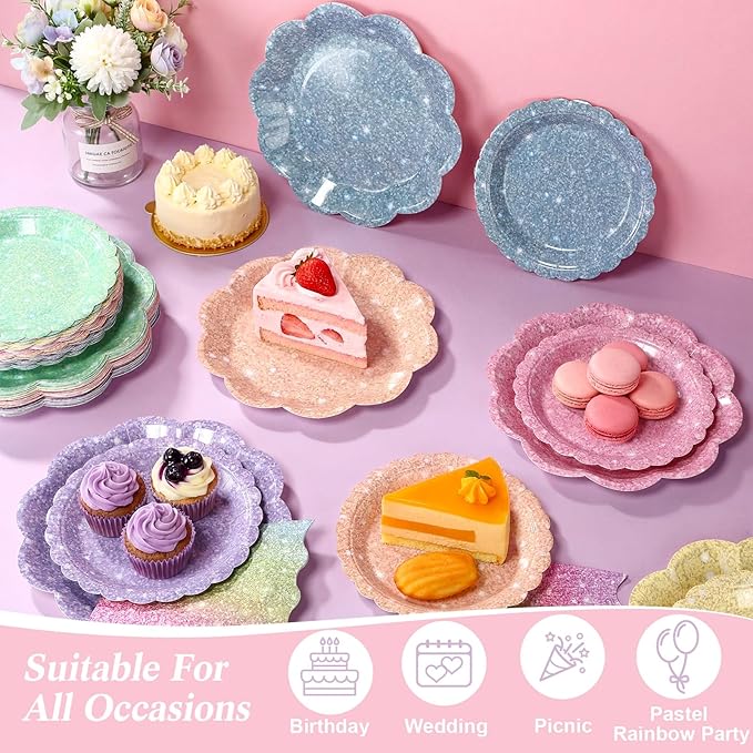 144 Pcs 48 Guests Pastel Glitter Party Plates and Napkins Pastel Scalloped Paper Plates Napkins Glitter Disposable Tableware for Birthday Bridal Baby Shower Wedding Decorations Party Supplies