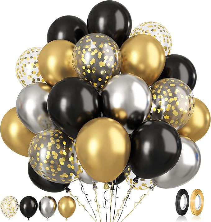 Paready Black and Gold Balloons, 60 Pcs 12 Inch Gold Confetti Balloon, Latex Party Balloons with Ribbons for Birthday Graduation Black Silver Party Wedding Engagement Anniversary Festival Decoration