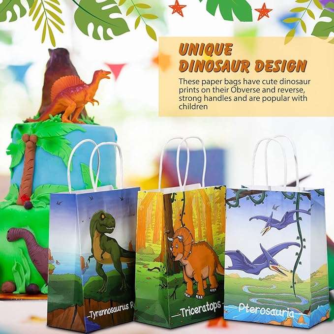 Pajean 24 Pcs Dinosaur Candy Bags with Handle, Dinosaur Party Favor Paper Bags Kids Gifts Goodie Treat Wrapping for Boys Girls Dino Theme Birthday Baby Shower Party Supplies(Cute Style)