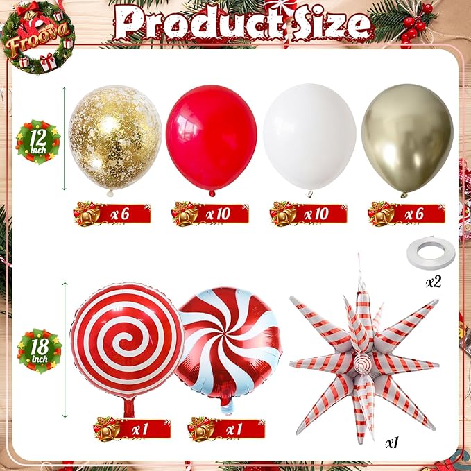 Red and Gold Christmas Balloon Set, 12 Inch Matte Red Metallic Gold Confetti White Latex Balloons with Exploding Star Candy Swirl Lollipop Foil Balloon for Xmas Birthday Baby Shower Party Decorations