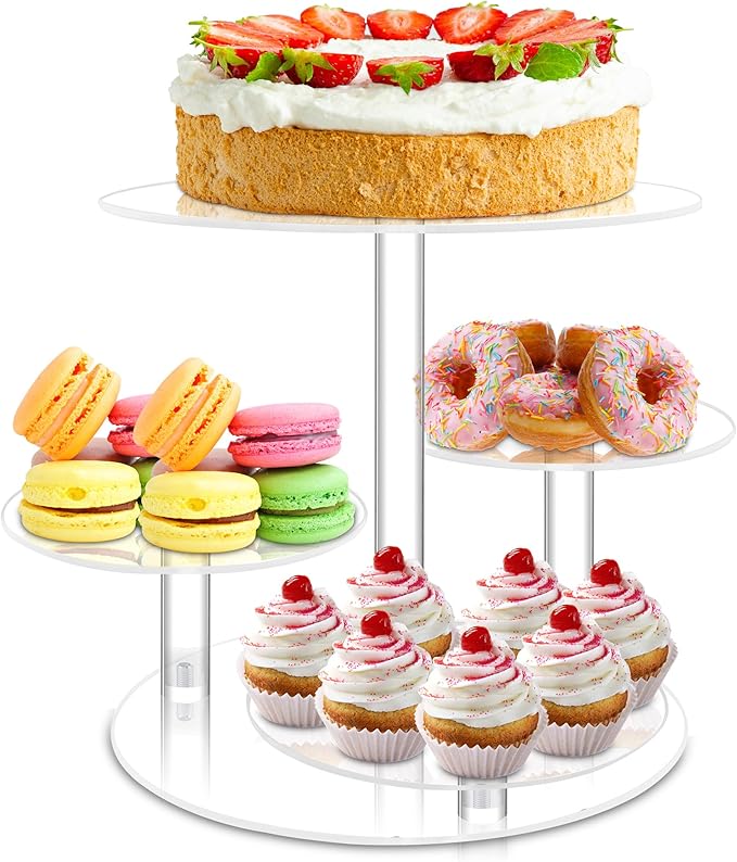 Cupcake Stand, 4 Tier Acrylic Cake Stand, Round Cake and Cupcake Stand Combo, Clear Tiered Cupcake Tower Stands for 50 Cupcakes, Cake Display Tree Stand for Wedding Birthday Party