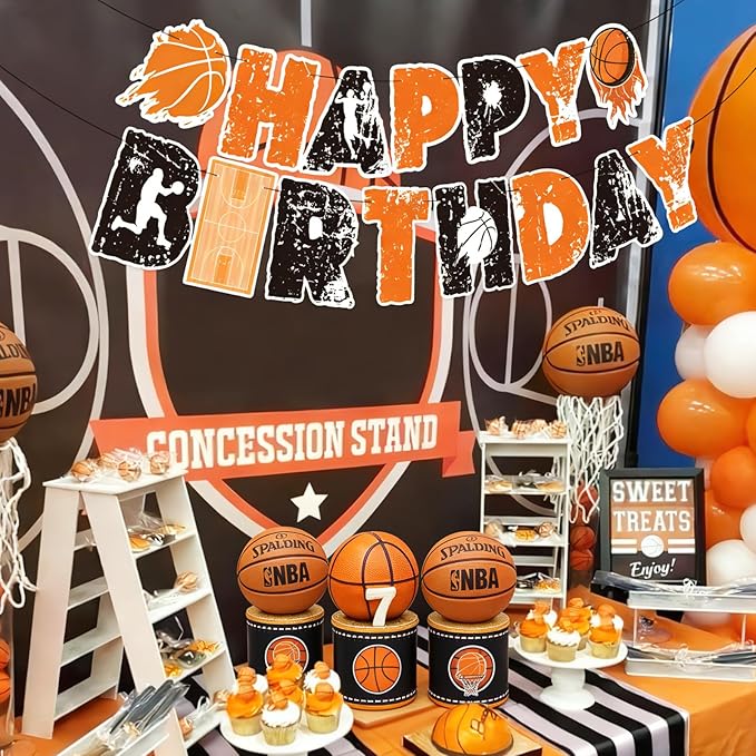 SUNBEAUTY Basketball Happy Birthday Banner Basket Ball Themed Party Decorations Sports Birthday Banner Basketball Party Supplies Slam Dunk Garland Birthday Sign for Kids Teenagers Boys Men