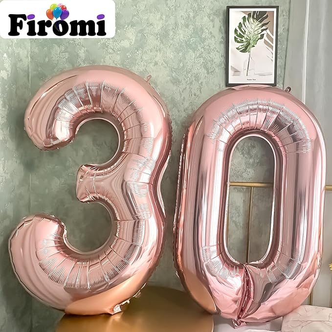 FIROMI 30 Foil Number Balloons Rose Gold 40-inch Big Giant Jumbo Mylar 30 Balloon Numbers for 30th Birthday Party Anniversary Decorations