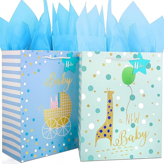Gift Bag for Baby Boy,12.6" Large Gift Bags with Tissue Paper,Gift Bag for Baby Shower Bag with Gold Foil Design, Paper Gift Bag for Newborn,Baby,New Moms,Gift Wrap Baby Shower Bag for Baby Boy Baby Girl,Baby Birthday Gift Bags with Handles,Cute Presen...