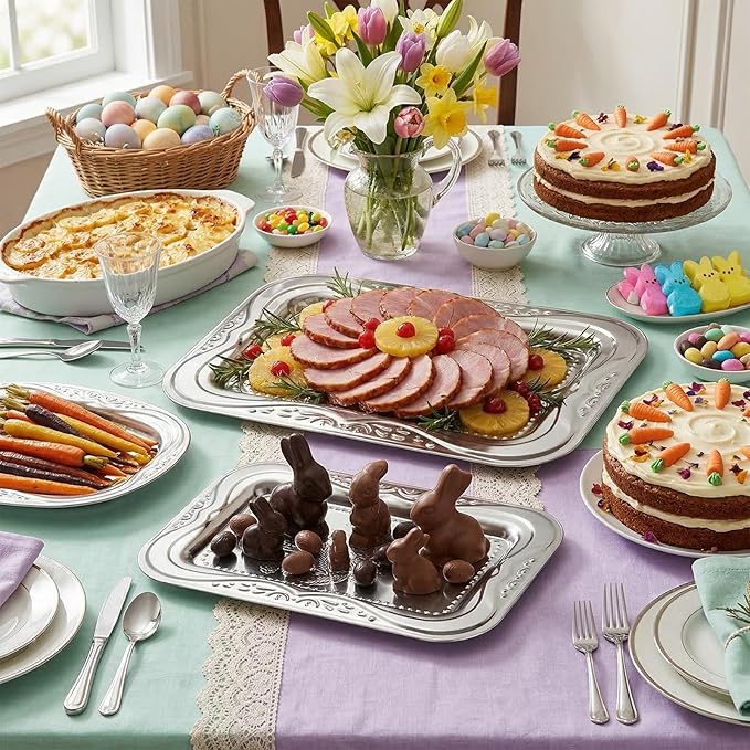 4-Pack Silver Serving Trays Set - ZENOVLUX Lightweight Bow Floral Engraved Mirror Decorative Tray, 13.8" x 8.7" Wedding Party Platters for BBQ, Food, Appetizer, Charcuterie, Cookies, Desserts