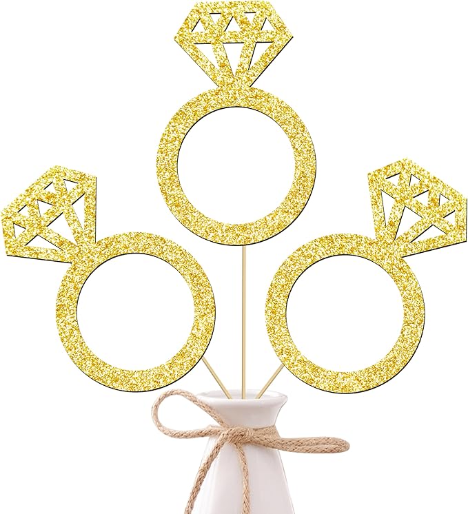 12pcs Gold Glitter Diamond Ring Theme Centerpiece Sticks Engagement Party Centerpieces for Table Wedding Party Table Decorations for Marriage Anniversary Bridal Shower Valentines Party Supplies