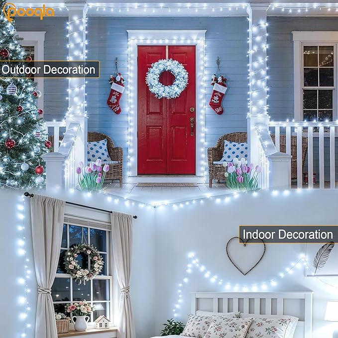 Cool White String Lights Outdoor Christmas Decoration, 66 ft 200 LED Christmas Lights Plug in, Indoor Connectable 8 Modes Clear Wire Twinkle Fairy String Lights for Xmas Tree Bedroom Holiday Party