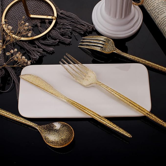 Supernal 180pcs Gold Plastic Silverware Durable Plastic Silverware Gold Glitter Color Party Cutlery Disposable Flatware Heavy Duty Include 60 Forks,60 Knvies,60 Spoons for Wedding,Birthday