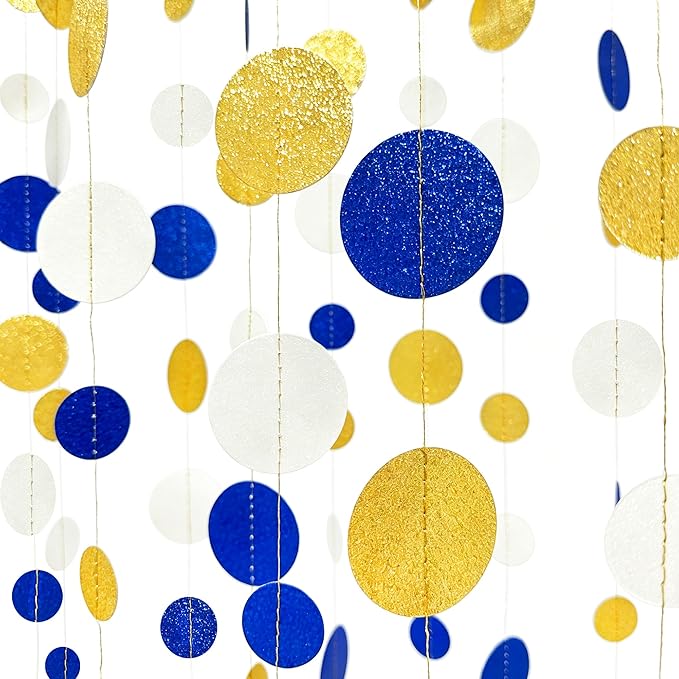 Royal Blue Gold White Party Polka Dot Garland Dark Blue Glitter Gold White Hanging Paper Circle Dots Streamer for Birthday Graduation Baby Shower Wedding Retirement Nautical Party Decorations Supplies
