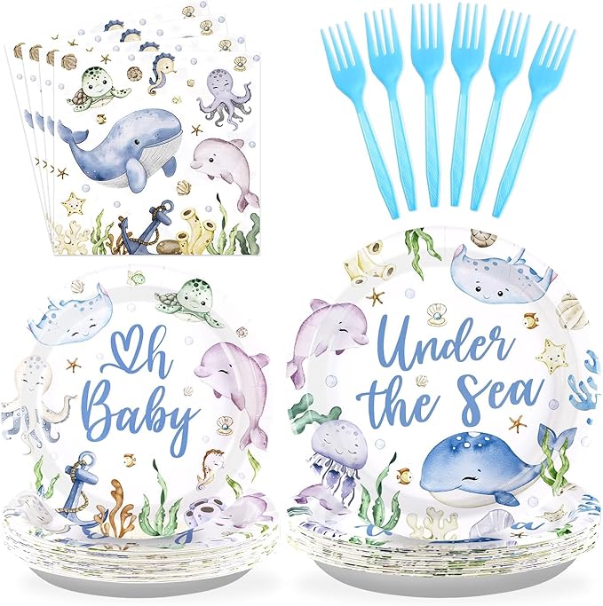96Pcs Under The Sea Supplies Ocean Theme Party Plates and Napkins Disposable Sea Life Tableware Set Under The Sea Party Decoration for Underwater World Birthday Party Serve 24