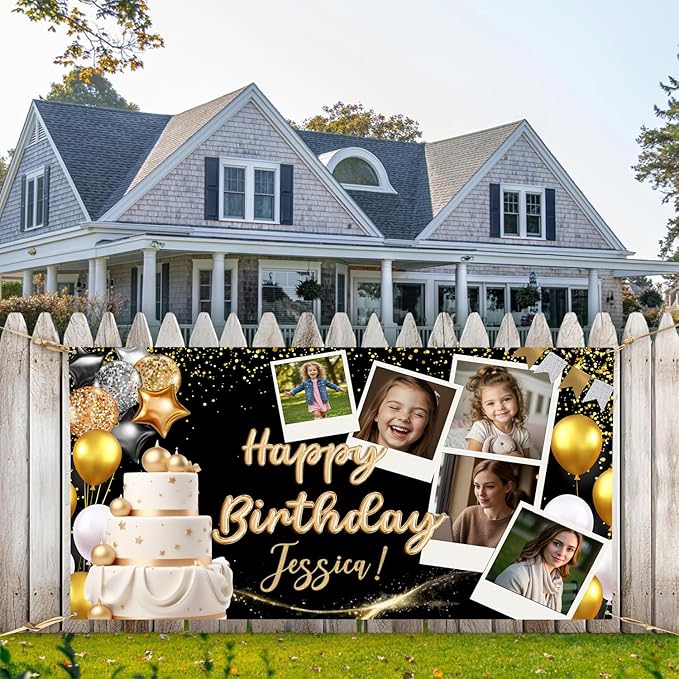 Customized Birthday Banner Personalized with Pictures and Name, Happy Birthday Party Decorations for Husband or Men, Unique Celebration Backdrop Banner for Event