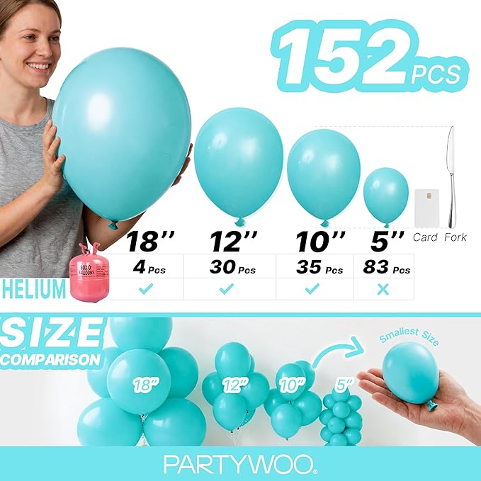 PartyWoo Teal Balloons 152pcs Different Sizes Pack of 18 12 10 5 Inch Turquoise Dark Teal Balloon Arch Kit for Baby Shower Gender Reveal Graduation Mermaid Birthday Pool Party Decorations Blue-Y69