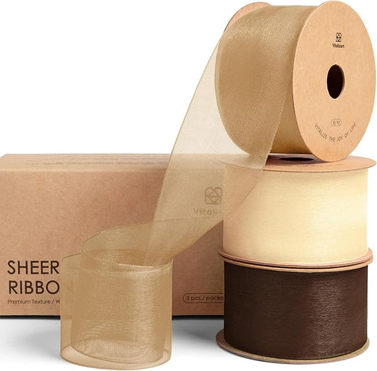Vitalizart Organza Ribbon 1.5" x 30 Yd Champagne & Nude Sheer Ribbons for Gift Wrapping Crafts Christmas Wreaths Bows Party Decor Wedding Bouquet