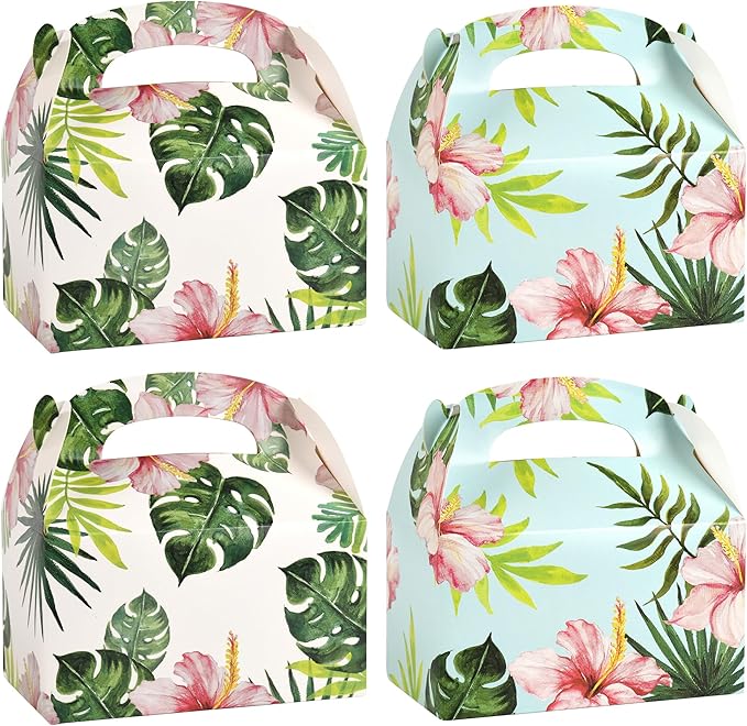 DjinnGlory 36 Pack Hawaiian Luau Party Favor Treat Boxes, Gable Boxes for Wedding, Bridal Shower, Annivesary Parties, All Occasion and Small Bussiness 6.18x3.58x3.39 Inches (Tropical Palm Leaf)