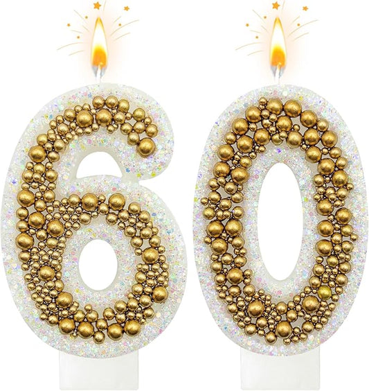 60 Birthday Number Candle for Cake, Glitter Number Candle with Gold Beads, Decorative Cake Topper for Milestone Celebrations