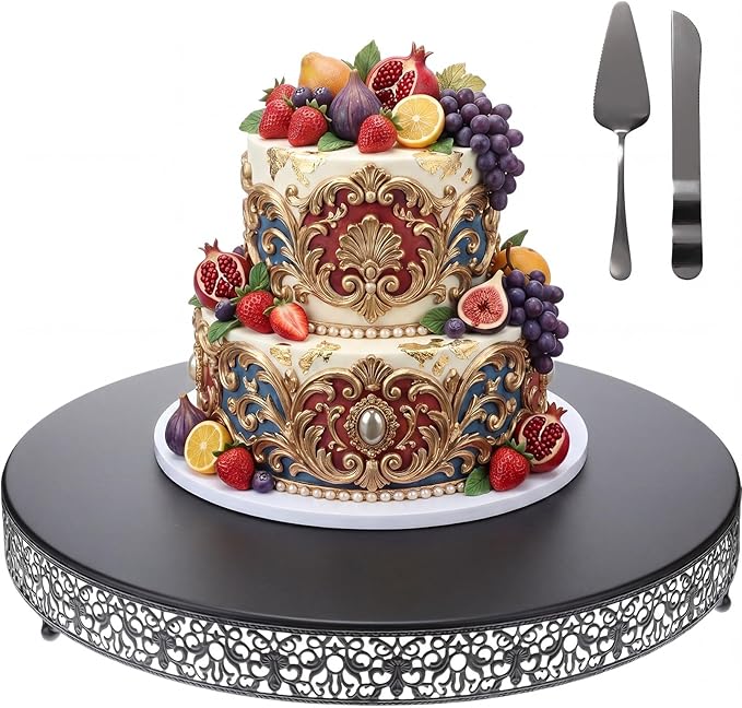 Wenqik 20 Inch Black Cake Stand Set Metal Round Cupcake Dessert Stand with Cake Cutting, Spatula Wedding Cupcake Pastry Display Candy Holder Display for Wedding Party Birthday Baby Shower(Classic)