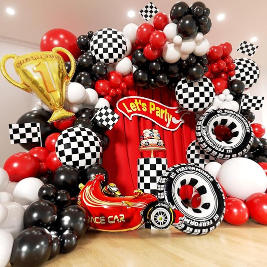 Race Car Balloons Arch Kit -Trophy, Flags, Cars, Tire, Checkered, Wheels and Red Black White Balloon Garland Kit for Racing Car Theme Two Fast 2nd One Theme 1st Boy Birthday Party Decorations