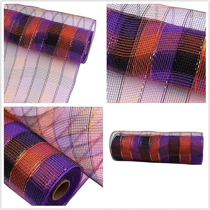 3 Rolls Orange Purple Black Stripe Deco Mesh Ribbon for Wreath Making Supplies, 10 Inch x 30FT Metallic Foil Burlap Deco Mesh Fabric for Fall Thanksgiving Halloween Wreath Swags Decor