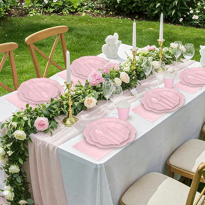 NatNarr 175 Pcs Pink Paper Plates and Napkins Set Include 9" Dinner Plates, 7" Dessert Plate Disposable Scalloped Tableware Serve 25 Guest for Wedding Baby Shower Bridal Shower Birthday