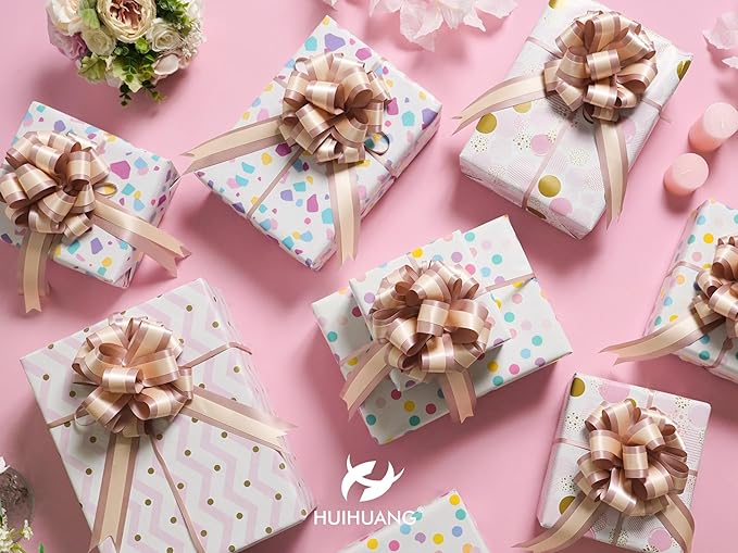 HUIHUANG Dusty Rose Pull Bows 6" x 10" Dusty Rose and Peach Double Layer Satin Gift Bows 12 PCS Pull Bow for Gift Wrapping, Gift Basket, Wine Bottles, Birthday, Wedding, Party Decor