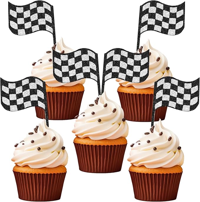 Checkered Racing Flag Party Cupcake Toppers Black and White Cake Decorations for Racing Party Supplies 24 Pieces