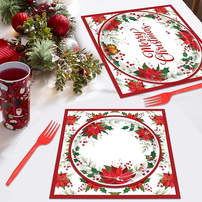 96 Pieces Christmas Poinsettia Tableware Set ??Merry Christmas Disposable Plates, Napkins, Forks Party Supplies with Holiday Flower and Holly Designs for Xmas Parties Celebrations ??Serves 24 Guests