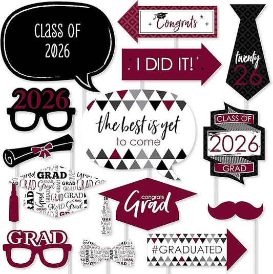 Big Dot of Happiness Graduation Props for Photoshoot 2026, 20-Count Set of High School Senior Photo Booth Props for Pictures and Graduation Party Decorations - Maroon