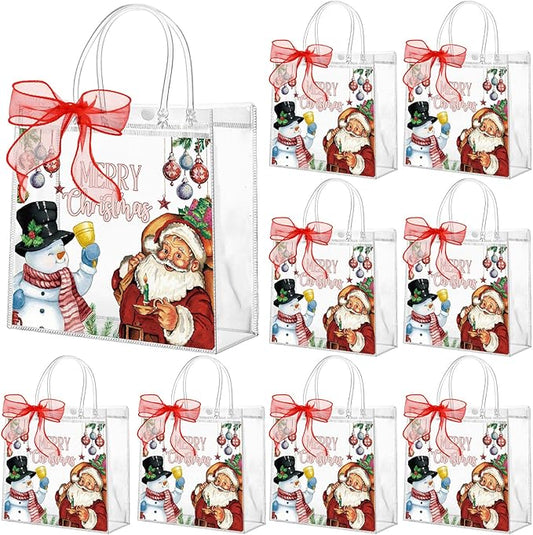 Motipuns 24 Pcs Clear PVC Gift Bags with Handles and Ribbon Party Favor Reusable Plastic Goodie Candy Treat Bags for Birthday Party Supplies(Christmas)