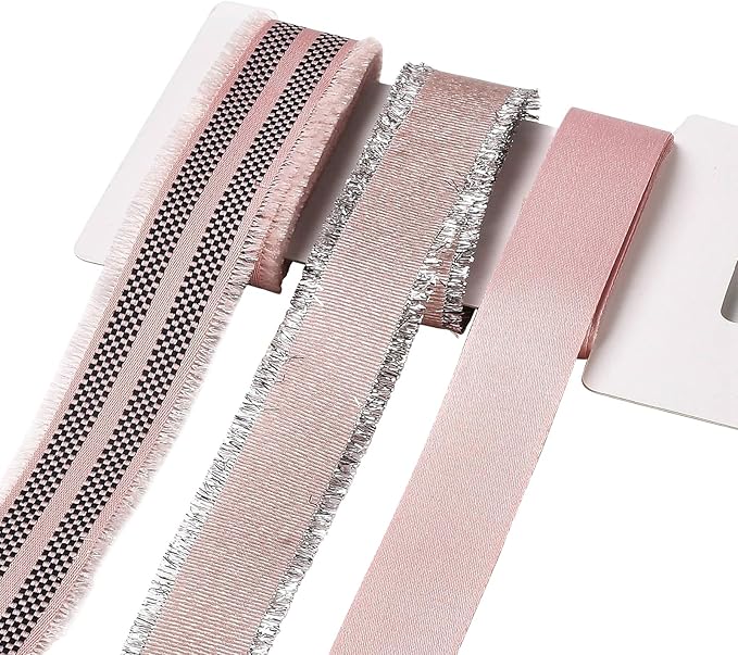 BEEFLYING 3 Styles Pink Wire Edged Ribbons for Gift Wrapping Decoration 25~28mm×2.7m Stripe Fringe Ribbons for Wedding Party Decoration Hair Bows Flower Designs Sewing and Craft, 9 Yards