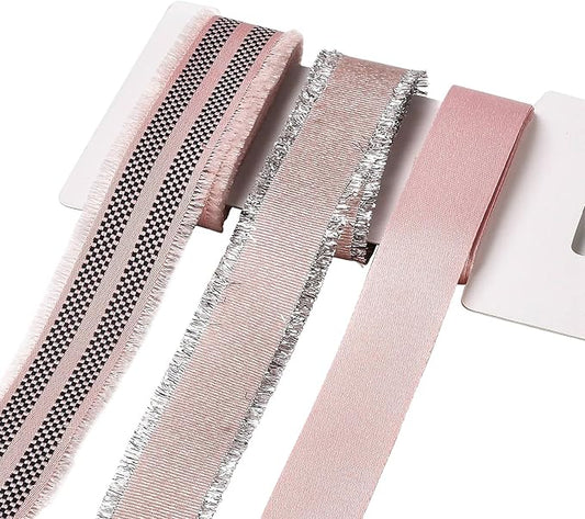 BEEFLYING 3 Styles Pink Wire Edged Ribbons for Gift Wrapping Decoration 25~28mm×2.7m Stripe Fringe Ribbons for Wedding Party Decoration Hair Bows Flower Designs Sewing and Craft, 9 Yards