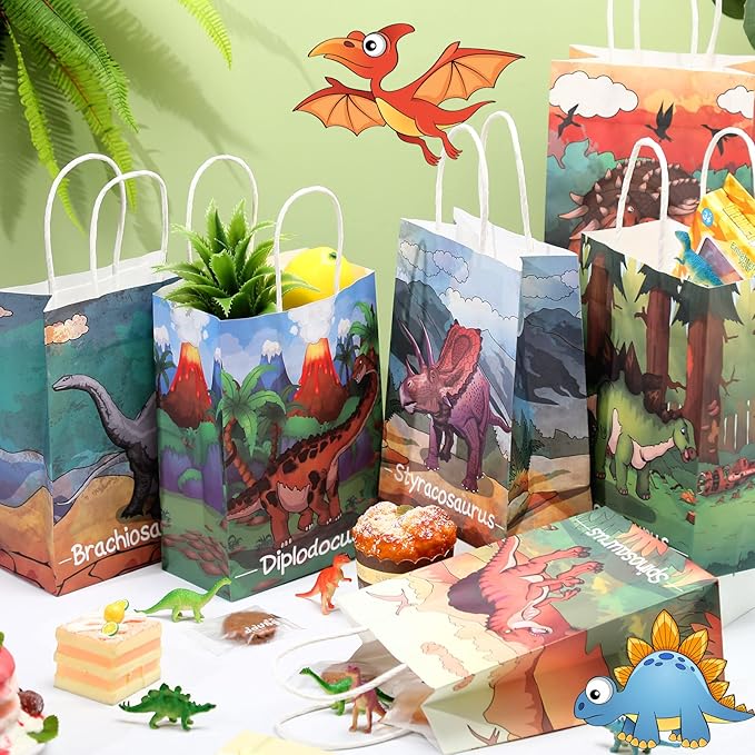 Pajean 24 Pcs Dinosaur Candy Bags with Handle, Dinosaur Party Favor Paper Bags Kids Gifts Goodie Treat Wrapping for Boys Girls Dino Theme Birthday Baby Shower Party Supplies(Vivid Style)