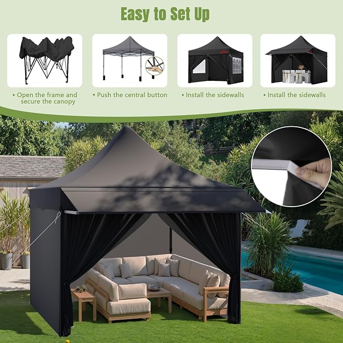 10x10 Pop Up Canopy Tent with Awning and Sidewalls, 550D Commercial Canopy, Waterproof Party Tent with Roller Bag, Black