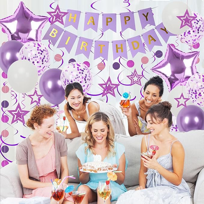 Purple Birthday Decorations, Happy Birthday Banner and Purple Star Balloons, Glitter Hanging Stars with Hanging Swirls, Circle Dot Paper Garland, for Women Girls Party Decoration