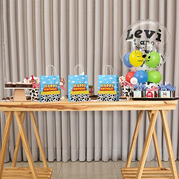 16 Pcs Cartoon Story Party Favor Bags, Cow Pattern Goodie Treat Bags, Blue Sky White Cloud Kraft Paper Candy Gift Bags With Handle for Kids Birthday Party Decorations