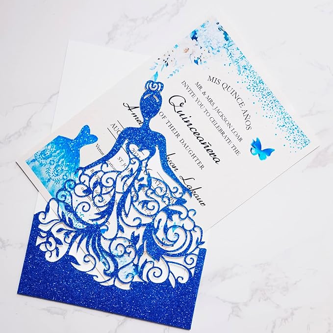50PCS Blank Quinceanera Invitations, 5 x7.3 Inch Laser Cut Girl Princess Invitation Card Kit with Envelopes for Quinceañera, XV Años, Mis Quince, Birthday Party Sweet 16 (Royal Blue Glitter)